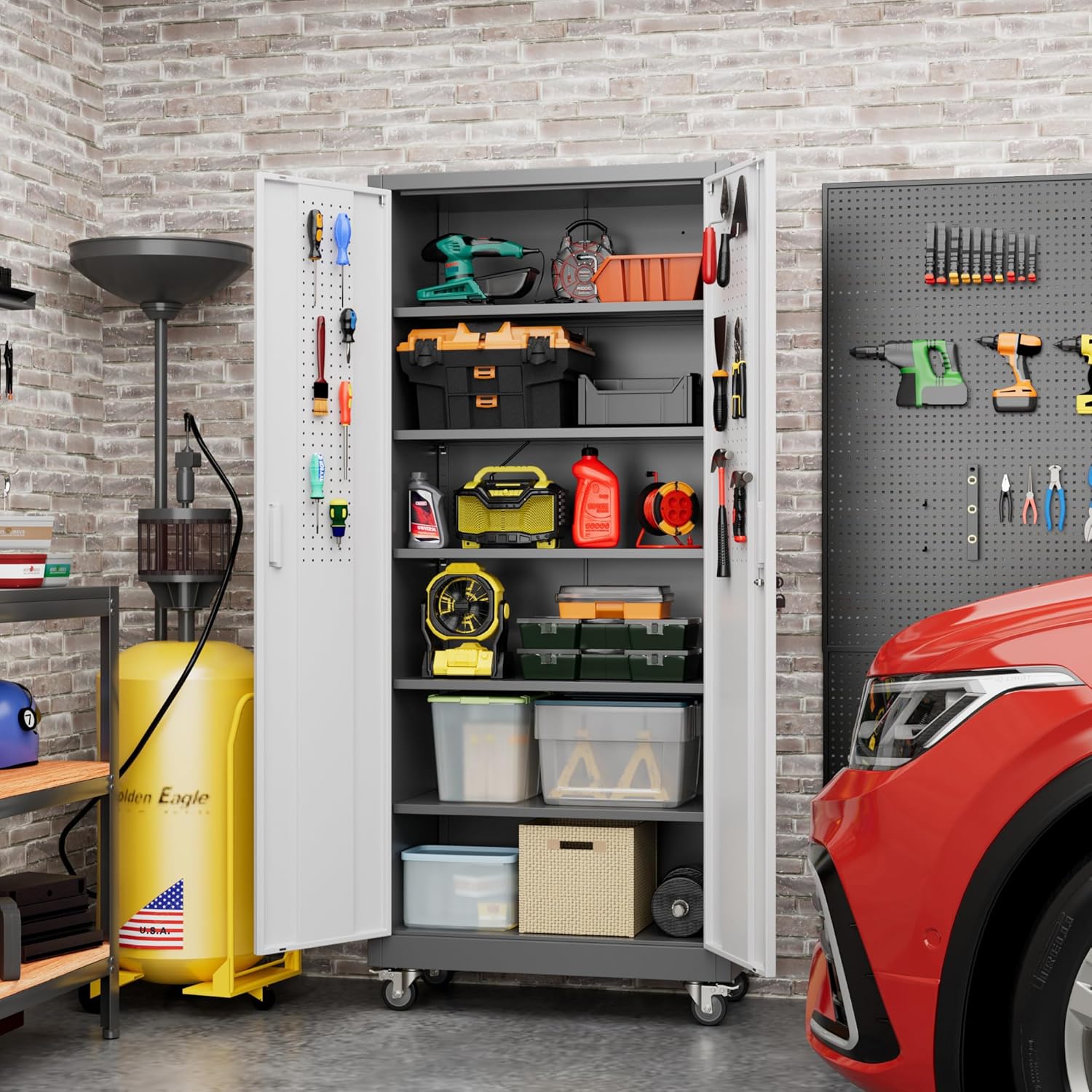 71" H×32" W×16" D Garage Storage Cabinet with Wheels & Pegboard, Locking Metal Storage Cabinet with Doors and 5 Adjustable Shelves & & 4 Hooks for Garage Warehouse Home Office, White and Gray