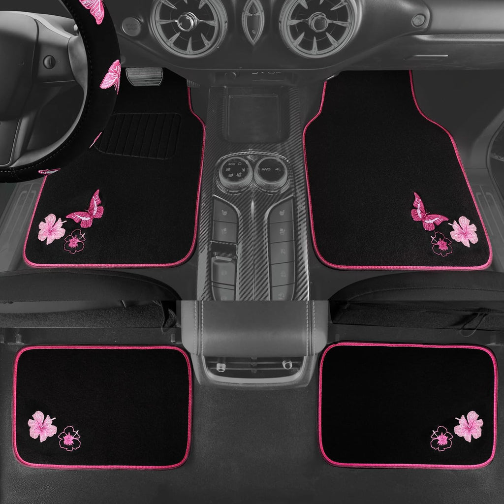 CAR PASS Embroidery Butterfly Steering Wheel Cover and Waterproof Car Floor Mats,Pink Car Mats 14.5-15inch Steering Wheel Covers Universal Fit for Cars, Suvs,Sedans,Van,for Women Girl(Black and Pink)