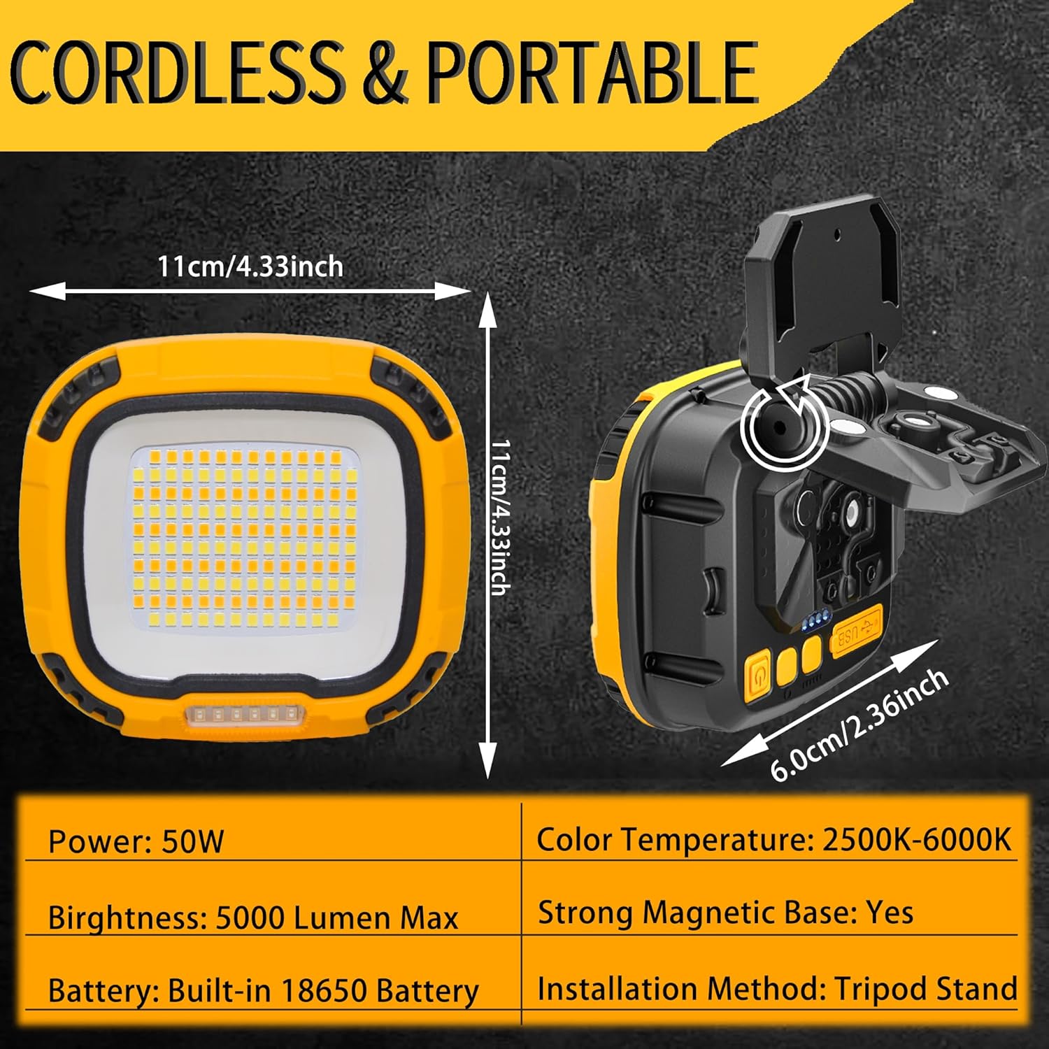 1Pack 5000LM Magnetic LED Work Light Rechargeable, 4-Level Brightness & 4-Tone Lighting, 50W Battery Powered Shop Light with USB Charging, IP65 Waterproof for Camping, Outdoor, Car Repairs, Emergency