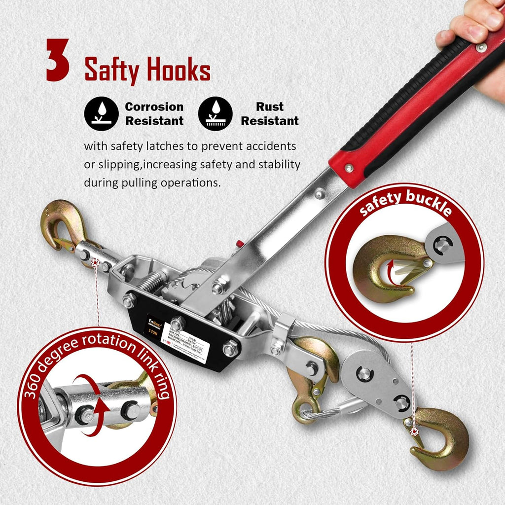 Come Along Winch 5T Pulling Capacity 11.5FT Steel Cable 3 Hooks Heavy Duty Power Cable Come Along Tool with Dual Gears Automotive Hoist Cable Puller Ideal for Vehicle Rescue