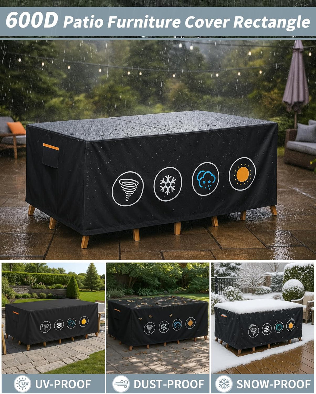 Outdoor Waterproof Furniture Cover, 126W x 74L x 28H inches Heavy Duty 600D Rectangular Table and Chair Set Protection, Black
