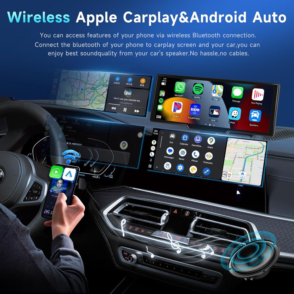 Podofo 10.26" Touchscreen Wireless Carplay Portable Car Stereo Android Auto, Car Play Navigation, Voice Control, Bluetooth/AUX/FM, Car Radio Receiver