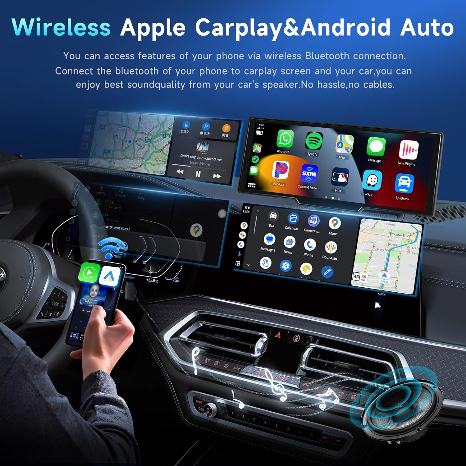 Podofo 10.26" Touchscreen Wireless Carplay Portable Car Stereo Android Auto, Car Play Navigation, Voice Control, Bluetooth/AUX/FM, Car Radio Receiver