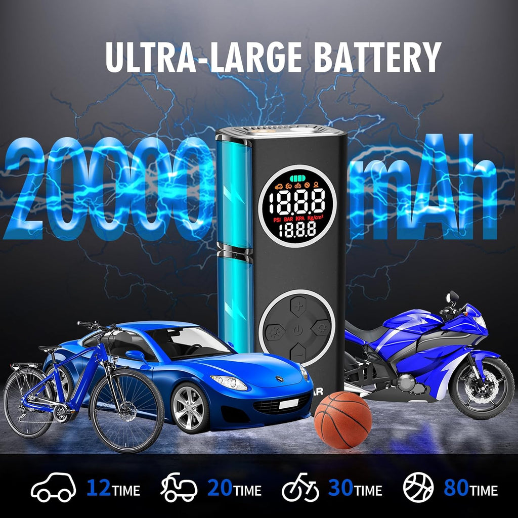 Cordless Tire Inflator with Dual Nozzle & Digital Gauge, 150PSI Portable Air Compressor for Car SUV Motorcycle Bike Tires, USB-C Rechargeable, Auto Shut Off, LED Light, 20000mAh 12V DC Power