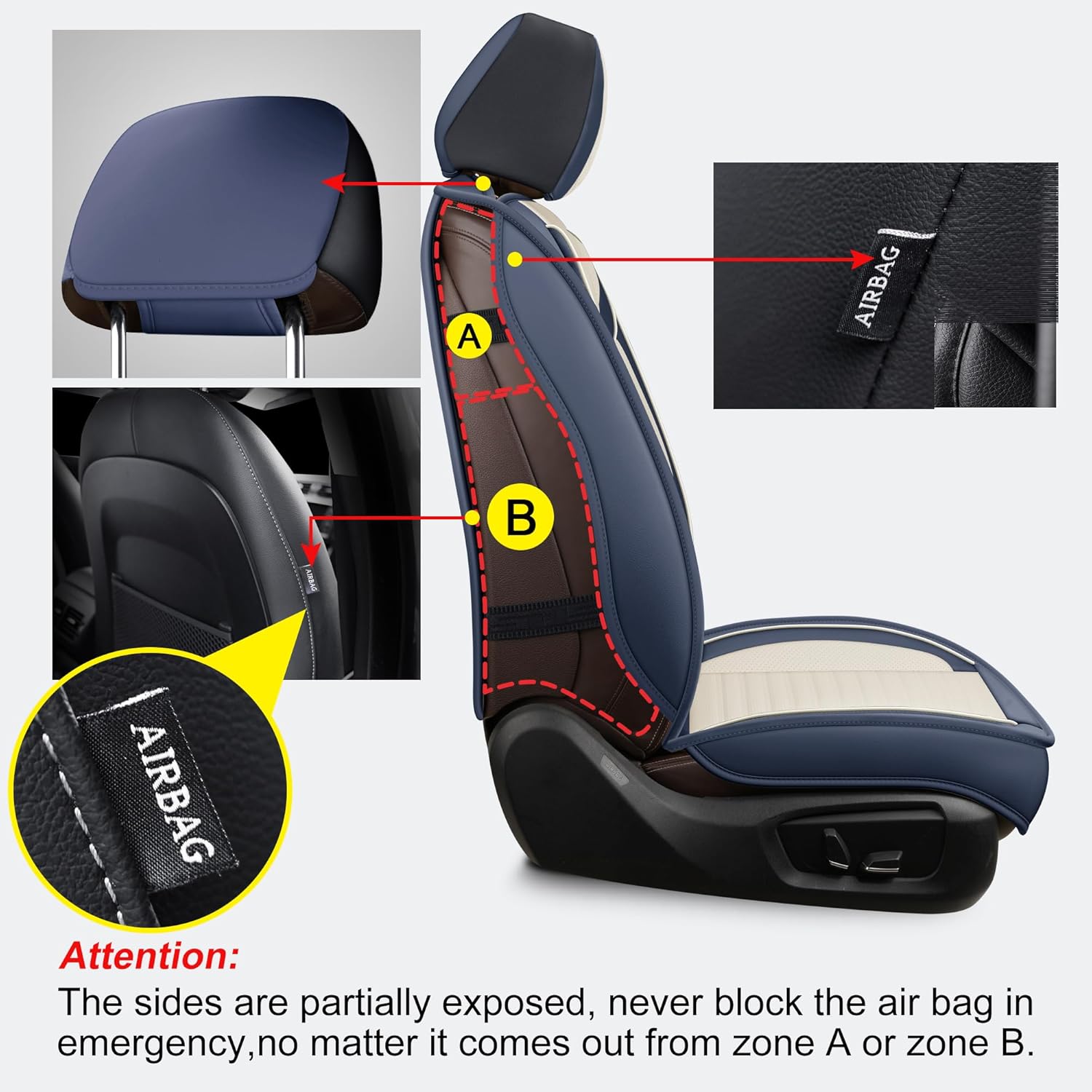 LINGVIDO Car Seat Covers, Breathable and Waterproof Faux Leather Automotive Seat Covers for Cars SUV Truck Sedan,Universal Anti-Slip Seat Cover with Backrest (Front Seat, White & Blue)