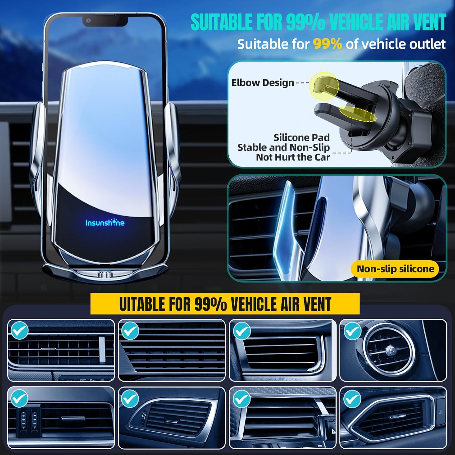Wireless Car Charger, MAX 15W Fast Charging Auto Clamping, Sensing Phone Holder Mount, fit for iPhone 16 15 14 13 12 Pro Max Xs X, Samsung Galaxy S24 Ultra S23 S22 S21 S20 Note20 (1-Silver)
