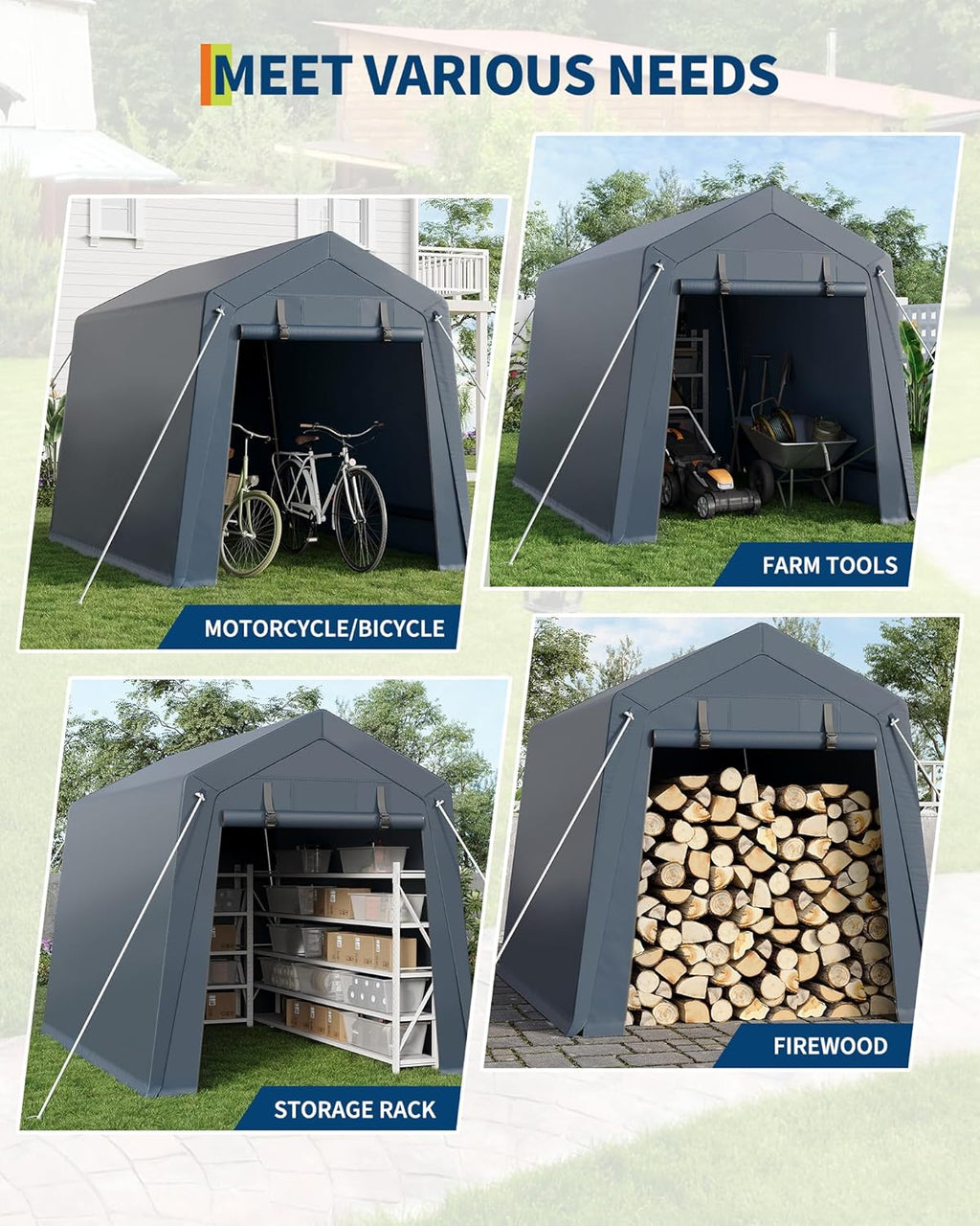 6x8 Ft Carport Heavy Duty Tent with Roll-Up Windows, Portable Garage with Removable Sidewalls & Doors, Car Canopy All-Season Tarp for Car Boat Truck Motorcycle, Grey