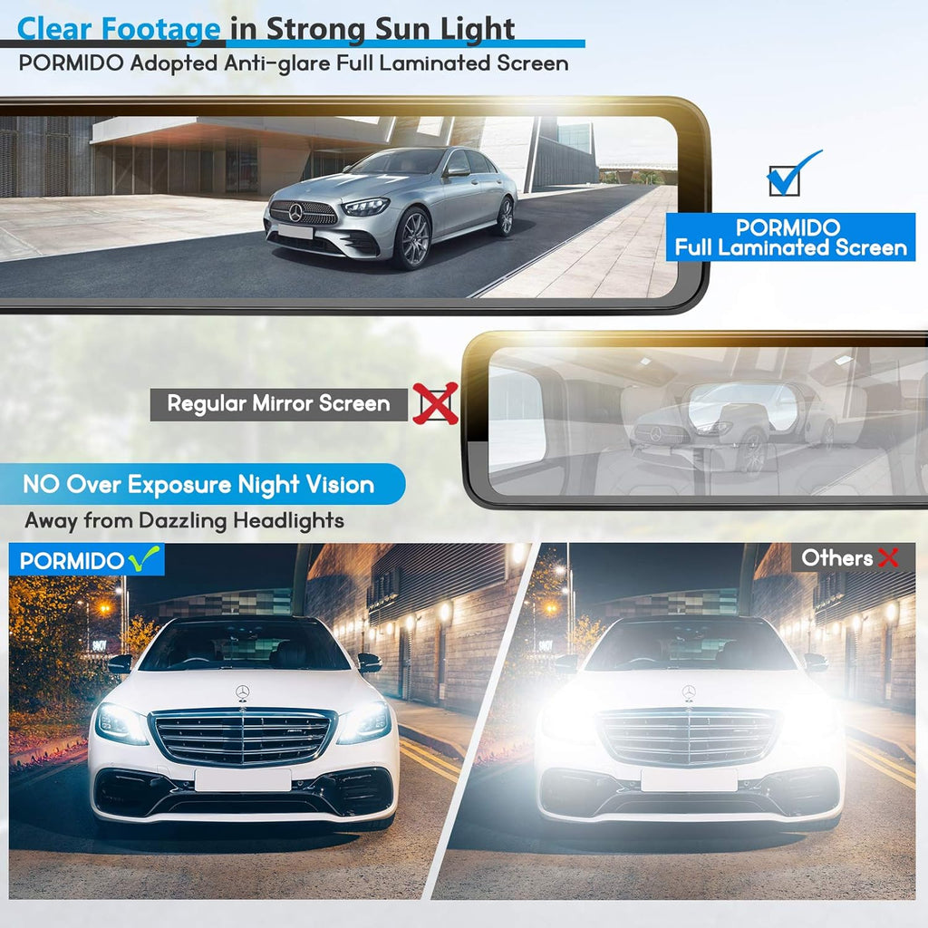 PORMIDO Triple Mirror Dash Cam 12" with Detached Front and in-Car Camera,Waterproof Backup Rear View Dashcam Anti Glare 1296P IPS Touch Screen with Sony Sensor,Starvis Night Vision,GPS,Parking Assist
