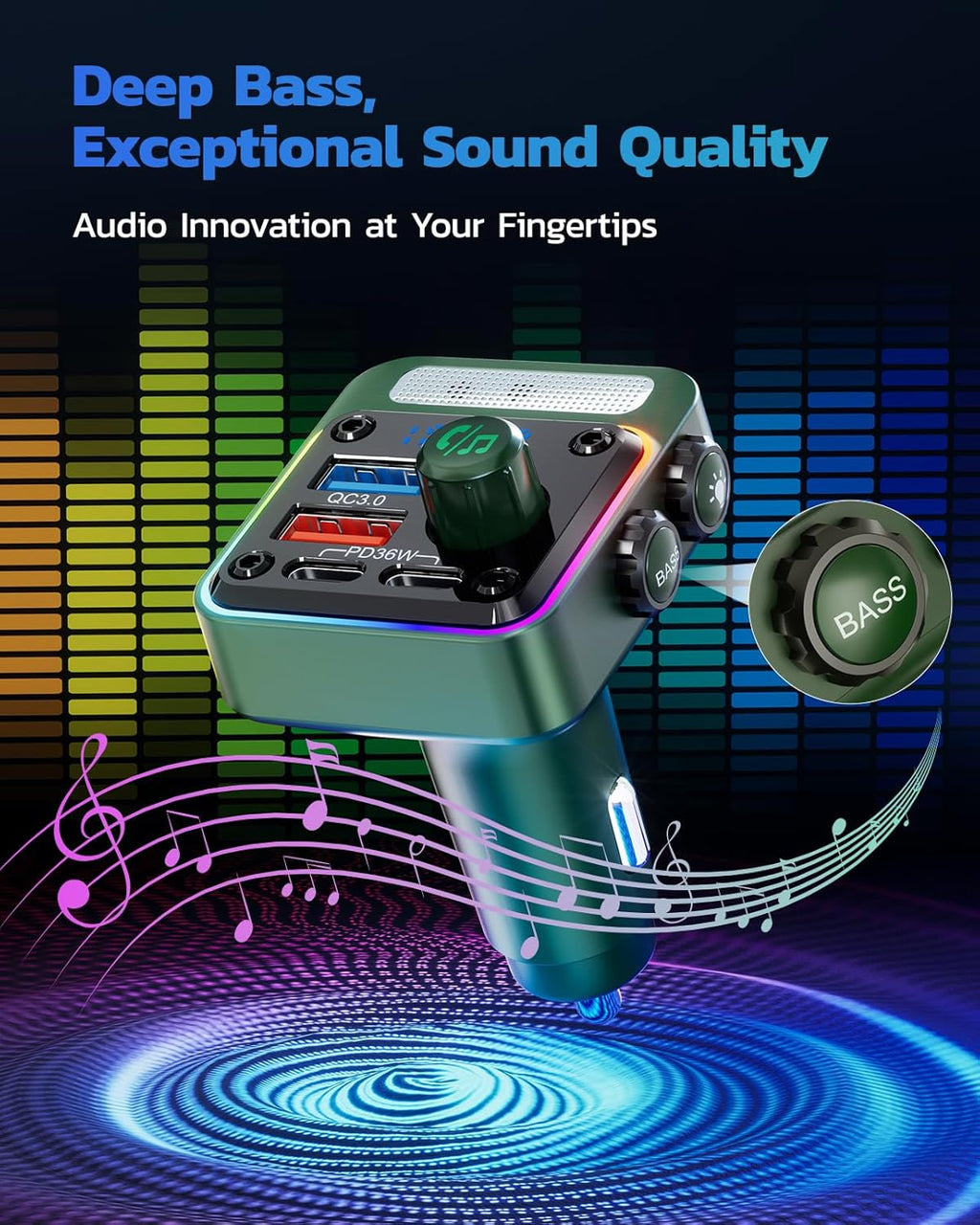 Nulaxy 54W Bluetooth 5.3 Car Adapter with 4 Charging Ports [PD 36W & QC3.0 18W], Wireless Radio FM Transmitter with Deep Bass Player & 5 Colors LED Backlit, Hands-Free Calling - Green