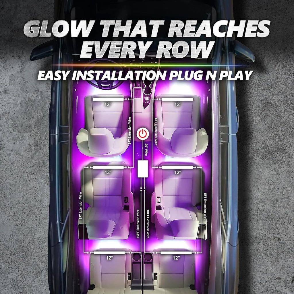 OPT7 Aura Pro 6PC Double LED Interior Strip Lights with APP & Remote Control, Multicolor Mode, Sound Active Inside Ambient Lighting Kit, Truck SUV RV Footwell Floor Decor, 12V Car Charger