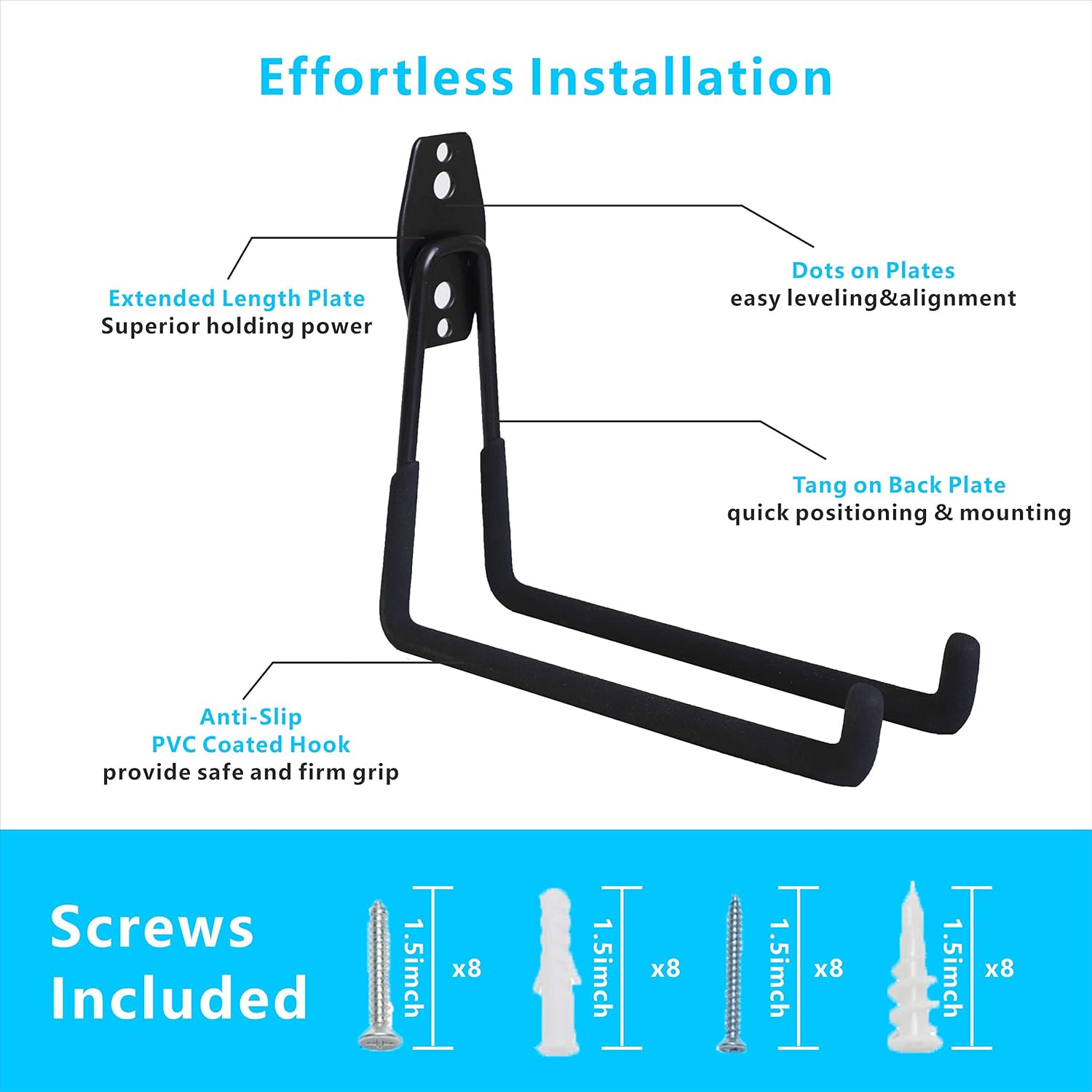 Garage Hooks, 4 Pack Wall Mount Storage Hanger with 2 Extension Cord Holder Organizer, Heavy-Duty 7.5 inch Long Hooks for Ladder, Ski, Sports, Utility, Garden Tool, Hose Storage Rack Organizer