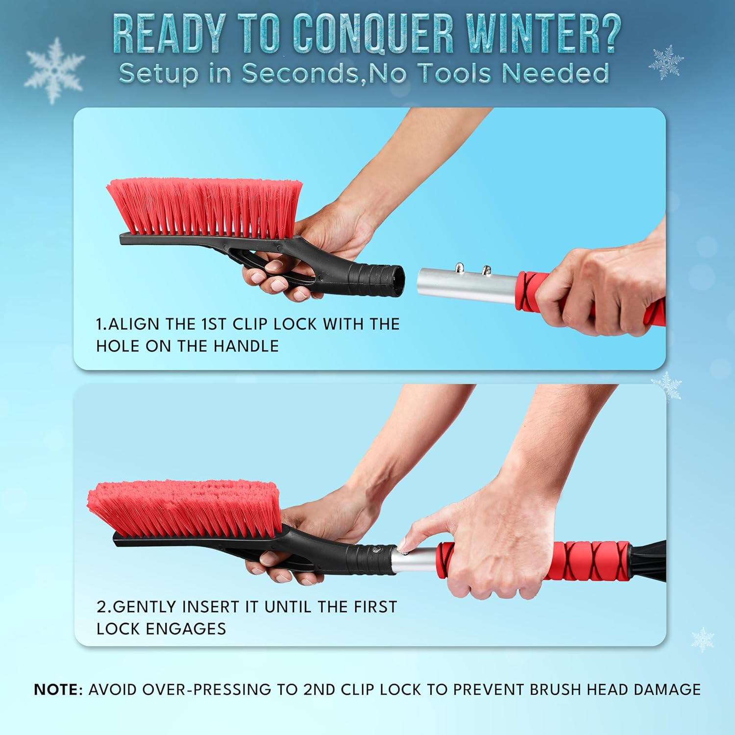 EcoNour 27" Aluminum Car Snow Scraper and Brush (Red) | Scratch-Free Weaved Bristle Head with Metal Body Ice Scraper for Car Windshield | Tough Ice Scraper with Ergonomic Foam Grip for Cars | 1 Pack