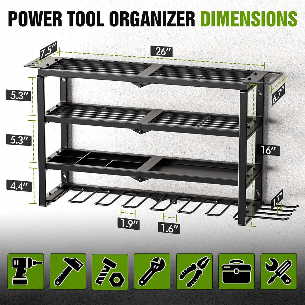 MAXIFFE 4 Layer Power Tool Organizer Wall Mount, Heavy Duty Metal Cordless Tool Organizers and Storage Rack Holder with 9 Drill Holders for Garage Storage Organization, Gifts for Men, Black, 26 inch