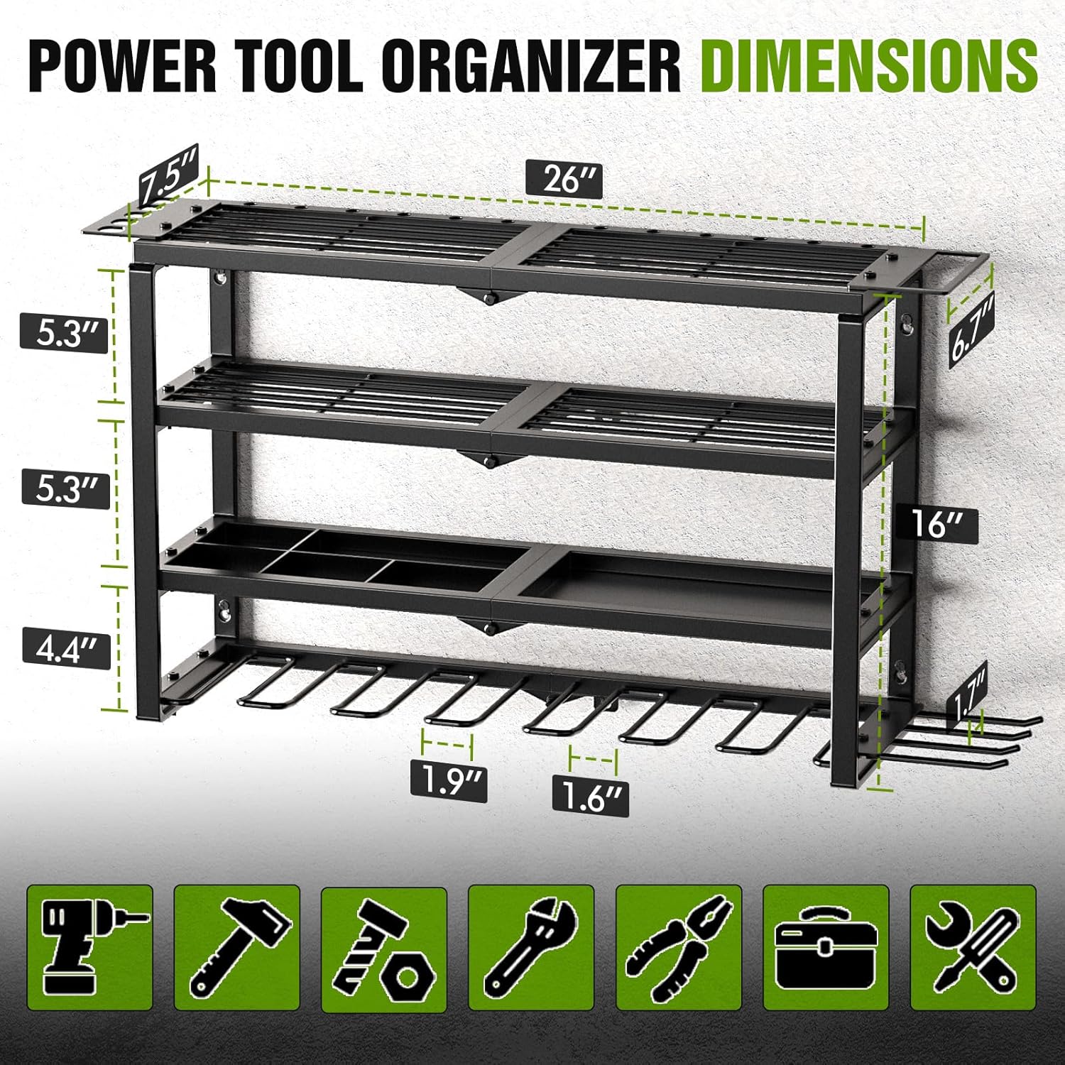 MAXIFFE 4 Layer Power Tool Organizer Wall Mount, Heavy Duty Metal Cordless Tool Organizers and Storage Rack Holder with 9 Drill Holders for Garage Storage Organization, Gifts for Men, Black, 26 inch
