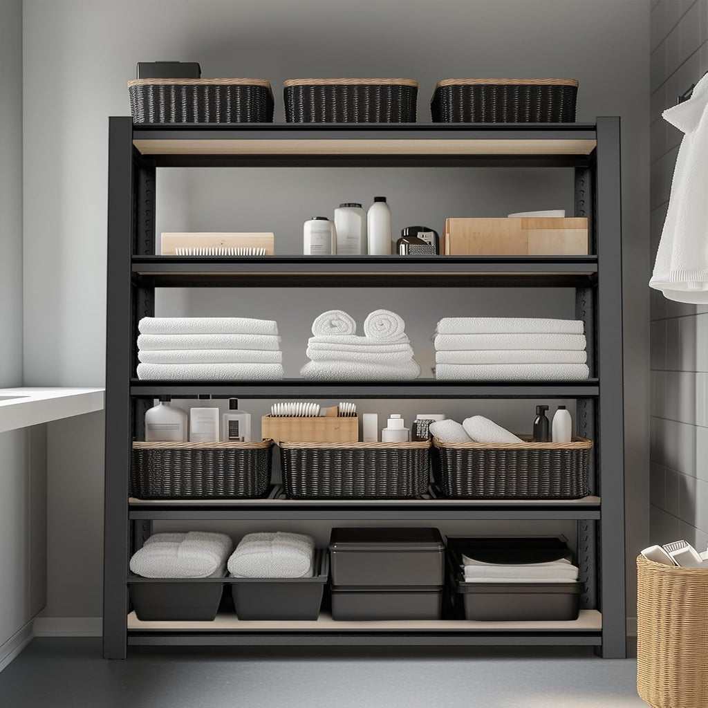 WORKPRO House 5-Tier Shelving Unit, Adjustable Heavy Duty Storage Shelves, Wood Grain Pattern, Waterproof Board, 3000lbs Boltless Shelving for Kitchen, Living Room, Garage, 48"W x 24"D x 72"H, Black