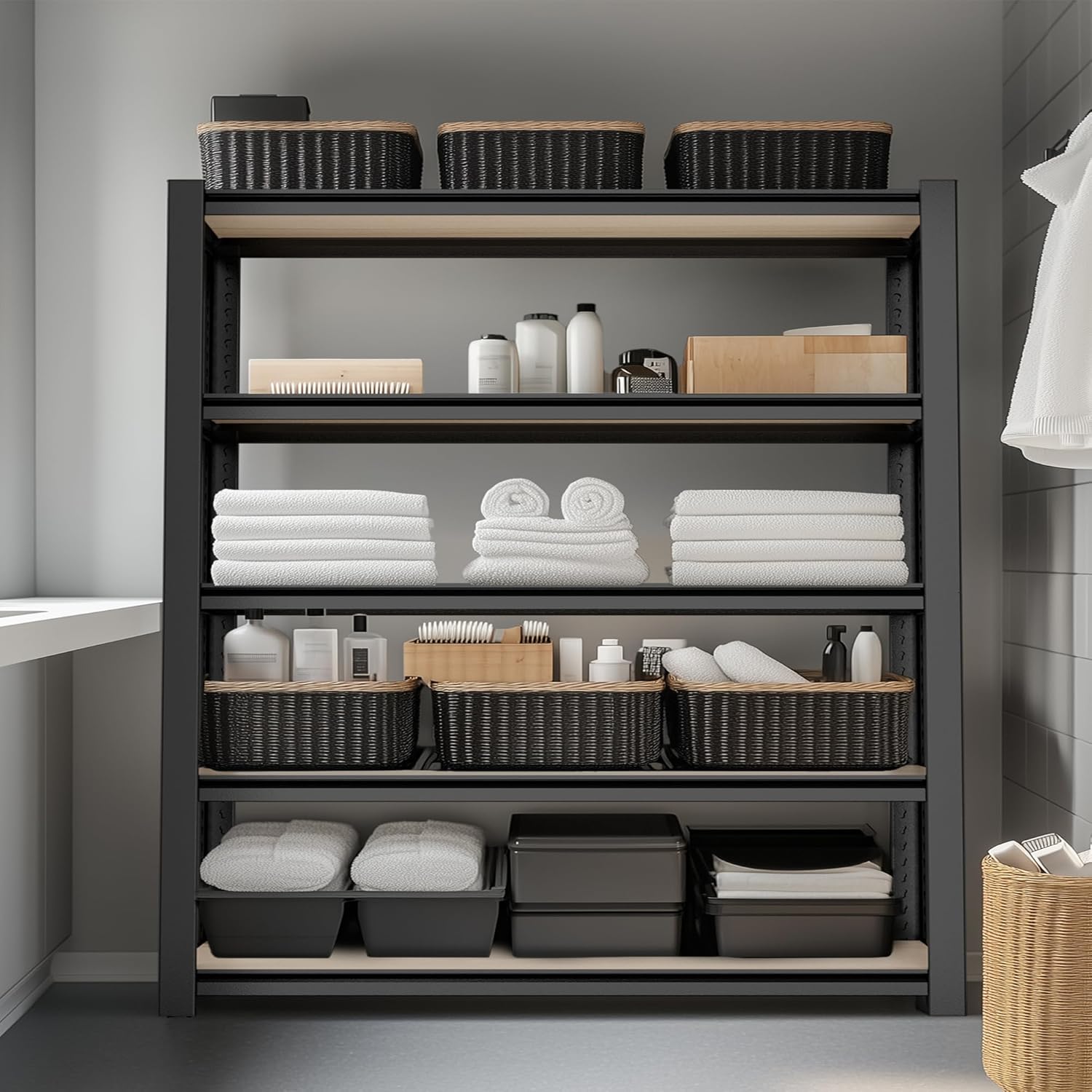WORKPRO House 5-Tier Shelving Unit, Adjustable Heavy Duty Storage Shelves, Wood Grain Pattern, Waterproof Board, 3000lbs Boltless Shelving for Kitchen, Living Room, Garage, 48"W x 24"D x 72"H, Black