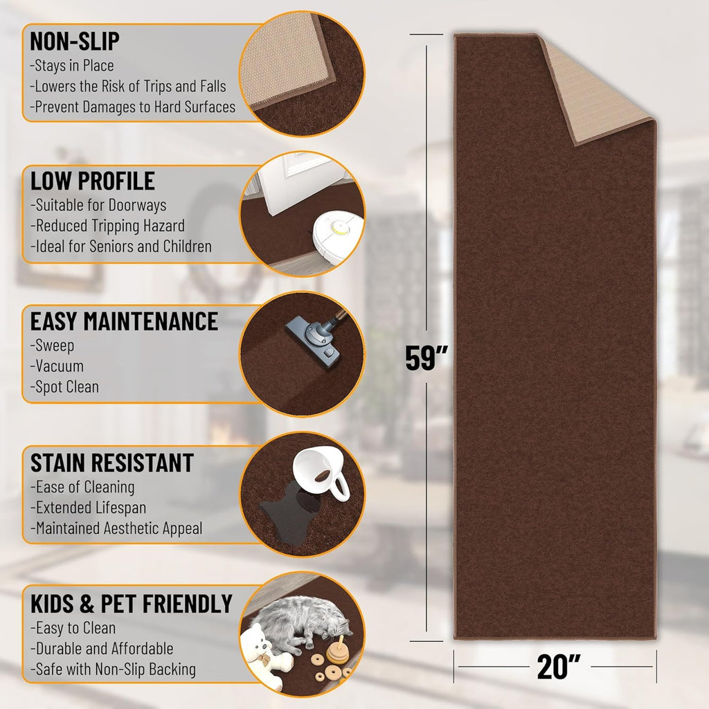 Ottomanson Hallway Runner Rug 20" x 59" Non Slip Solid Area Rugs Easy to Clean Laundry Rug Runner Durable & Pet Friendly Floor Carpet Runners for Hallways Entryway Living Room Kitchen, Brown