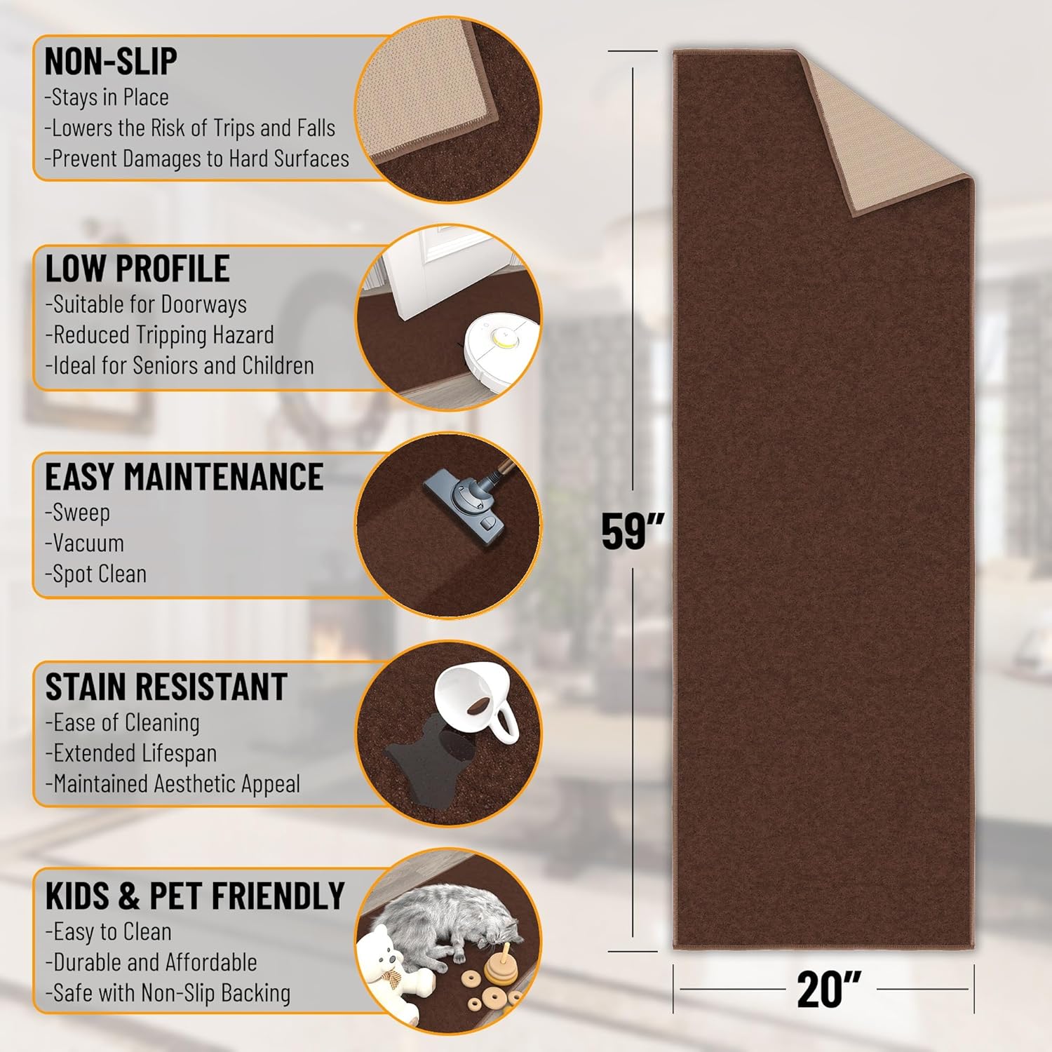 Ottomanson Hallway Runner Rug 20" x 59" Non Slip Solid Area Rugs Easy to Clean Laundry Rug Runner Durable & Pet Friendly Floor Carpet Runners for Hallways Entryway Living Room Kitchen, Brown