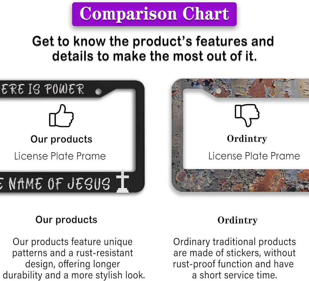 License Plate Frames Black and White License Plate Holder There is Power in The Name of Jesus Universal Aluminum Car Accessory 2 Pack with Screw Covers Set
