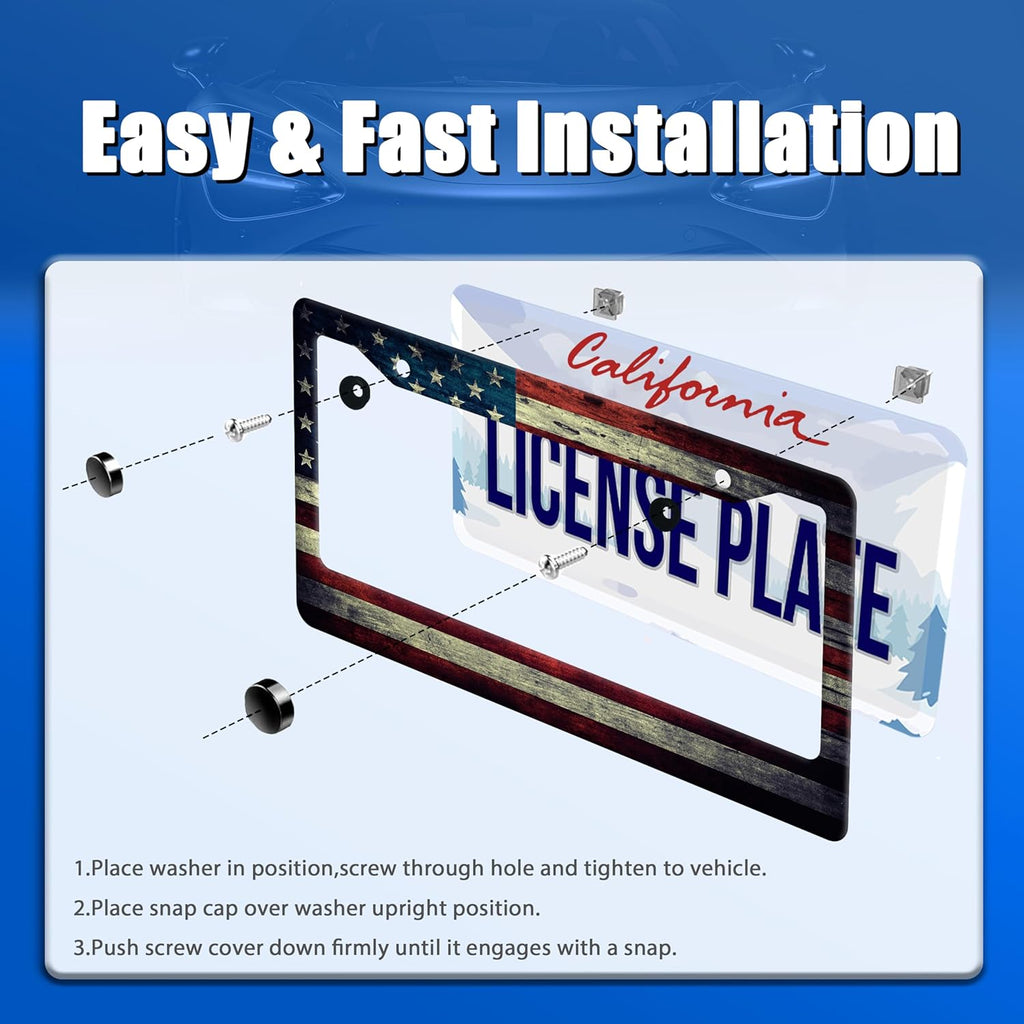 American Flag License Plate Frame Vintage USA Flag License Plate Stainless Steel Funny License Plate Holder Patriotic Car Accessories Decoration with Screws Fits Standard Vehicles Size 12.3" x 6.3"