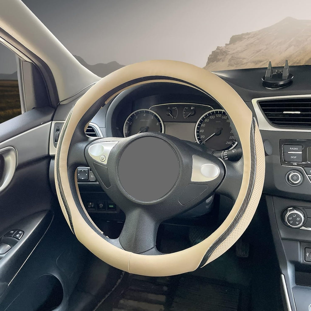 Car Steering Wheel Cover Beige, 14.5-15 inch Steering Wheel Covers with Coasters Microfiber Leather Carbon Fiber Breathable Anti-Slip Durable Universal Auto Steering Wheel Protective