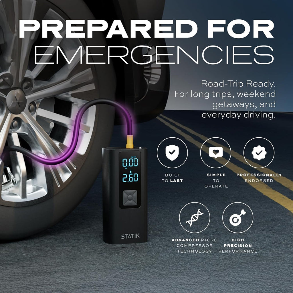 STATIK TireHero Car Tire Inflator Portable Air Compressor - 150 PSI, Electric Air Pump for balls, Bike Pump, Inflatables, Paddleboard, Air Mattress, Car Emergency Safety Kit w/Flashlight