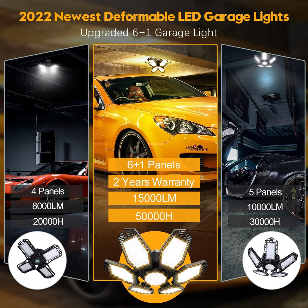 TANBABY 2 Pack Garage Light Warm 150W Led 3000k Garage Lighting 12000LM [Equivalent] Deformable Garage Light Ceiling with 6 Panels E26/E27 Base Illuminator 360 Basement Lights for Shop