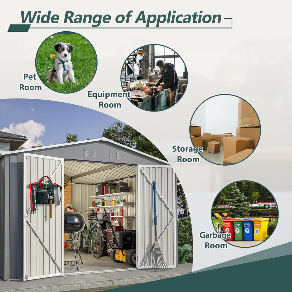 10x10 FT Outdoor Storage Shed, Large Metal Tool Sheds with Updated Frame Structure and Lockable Doors, Garden Shed for Backyard Garden Patio Lawn