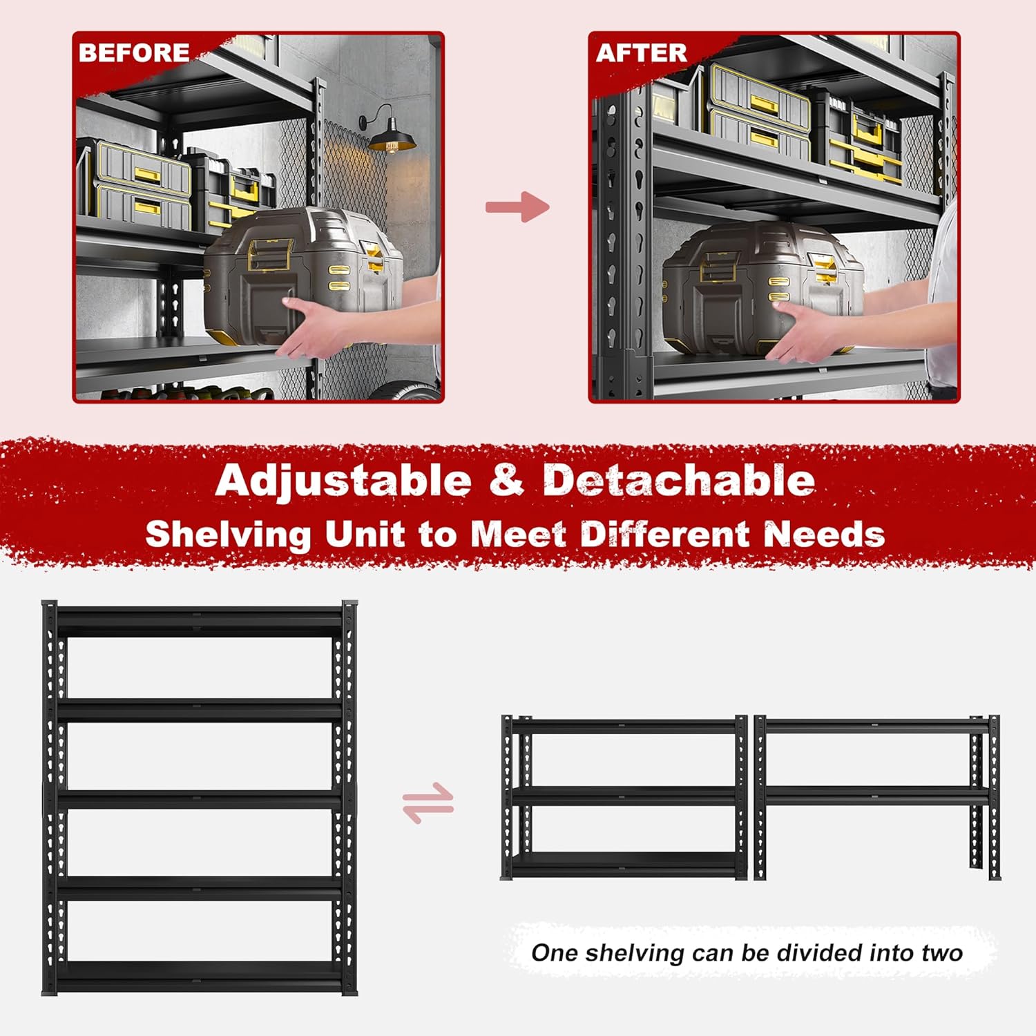 REIBII 72.1" H Garage Shelving 2000LBS Storage Shelves Heavy Duty Metal Shelving 5 Tier Garage Storage Shelves for Commercial Warehouse Pantry Kitchen 72.1" H x 40.1" W x 18.1" D