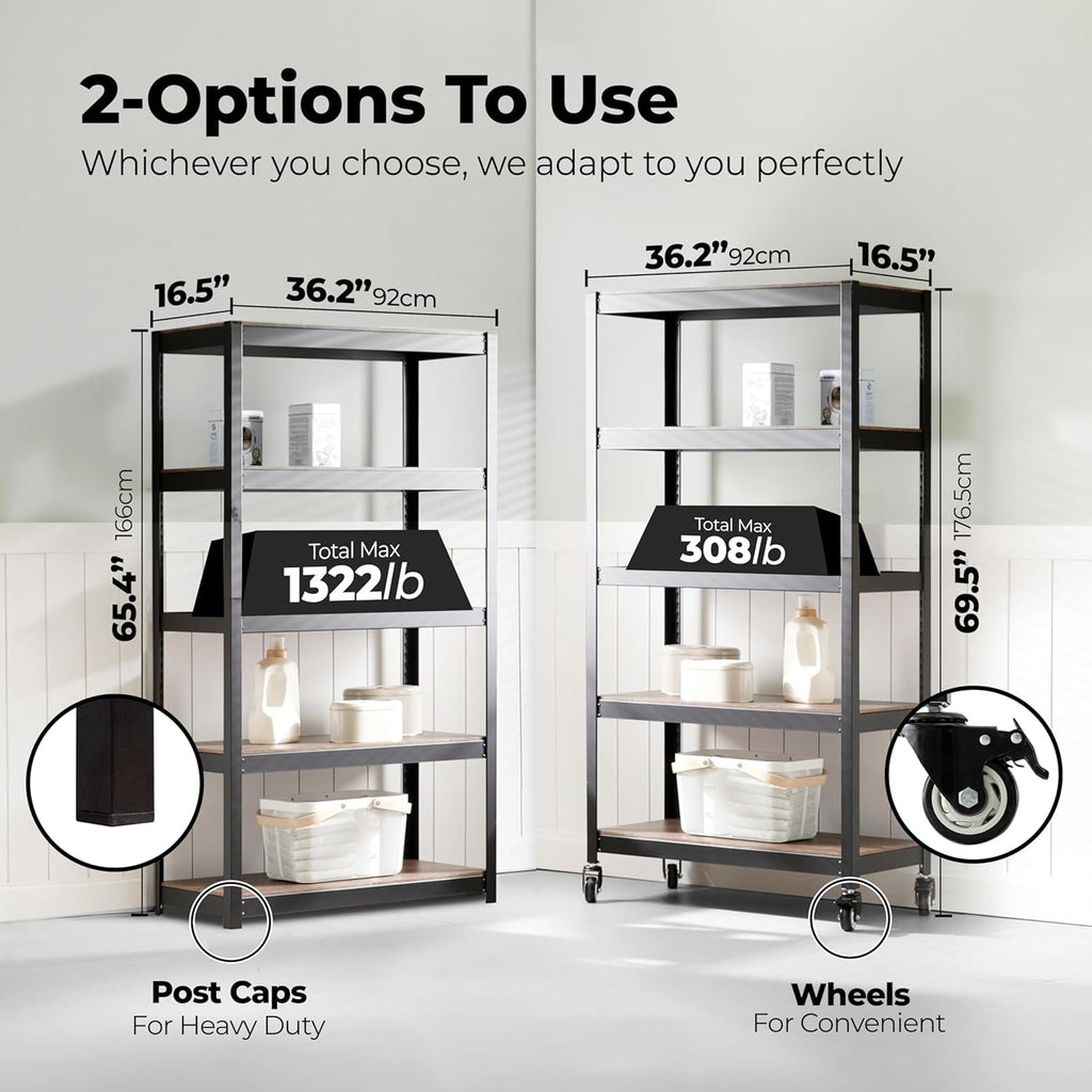 HOMEDANT House 5-Tier Metal Rolling Cart Shelf Rack Casters Heavy Duty Laminated Wheel Shelving Unit Adjustable Utility Storage Shelves Organizer Shelf Kitchen Garage 36.2" W x 16.5" D x 69.5" H 1Pack