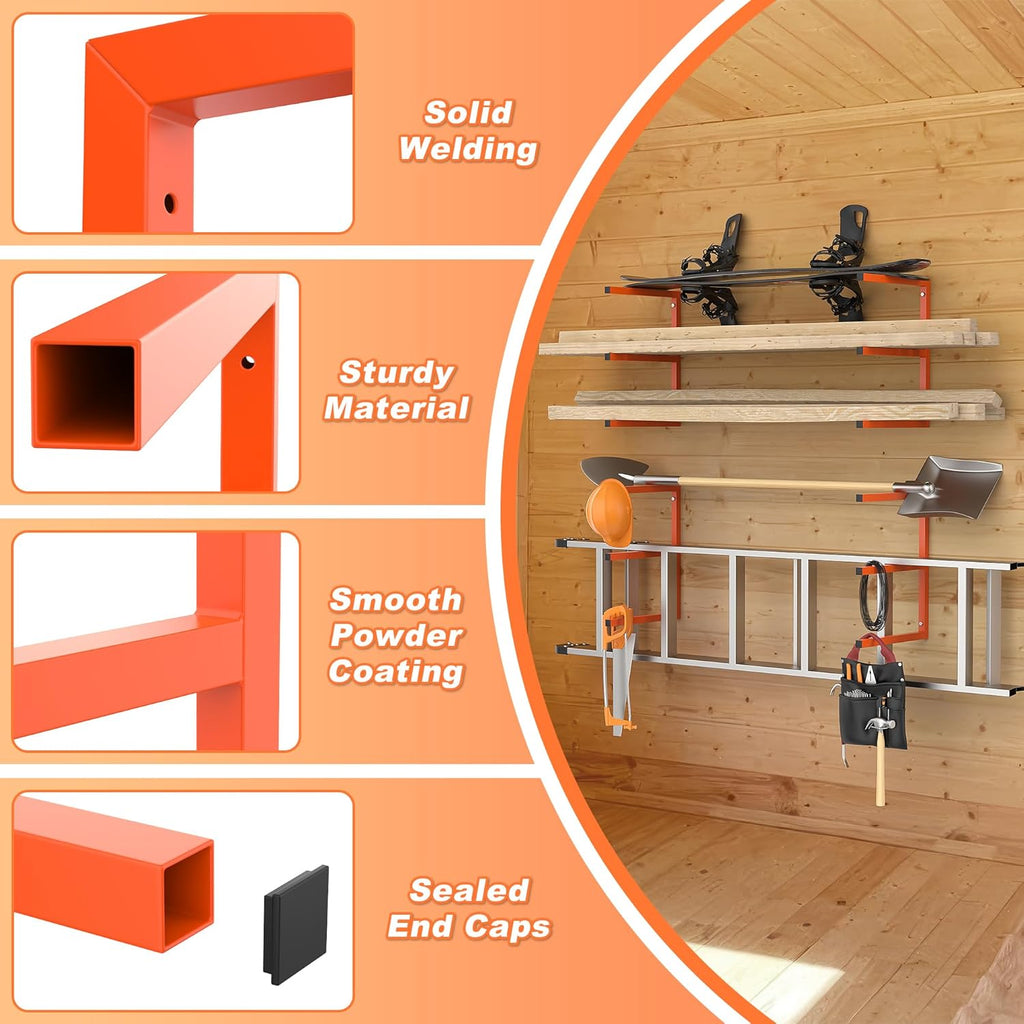 Ultrawall Lumber Storage Rack Wall Mount Wood Storage Racks, Metal Wood Organizer Racks for Shed, Workshop, Garage, Holds Up 220 LBS Per Level (Pack of 4, Orange)
