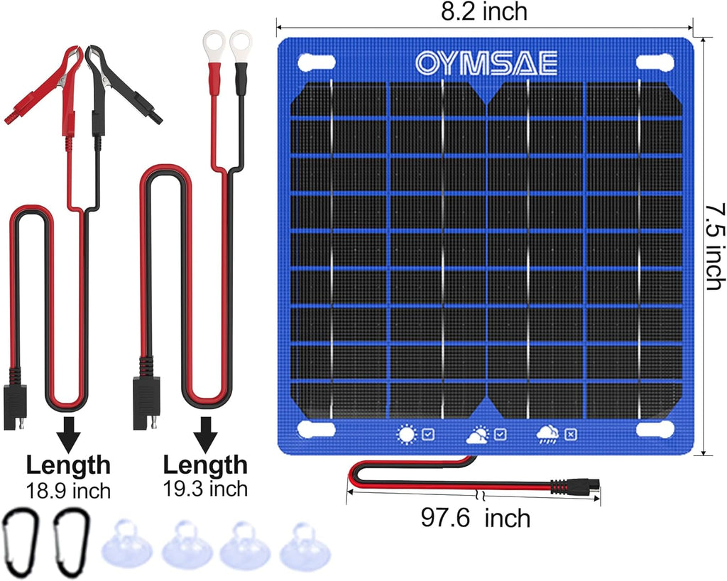 OYMSAE 7.5W 12V Solar Panel Battery Charger Portable Waterproof Power Trickle Battery Charger & Maintainer for Car Boat Automotive RV with Cigarette Lighter Plug & Alligator Clip