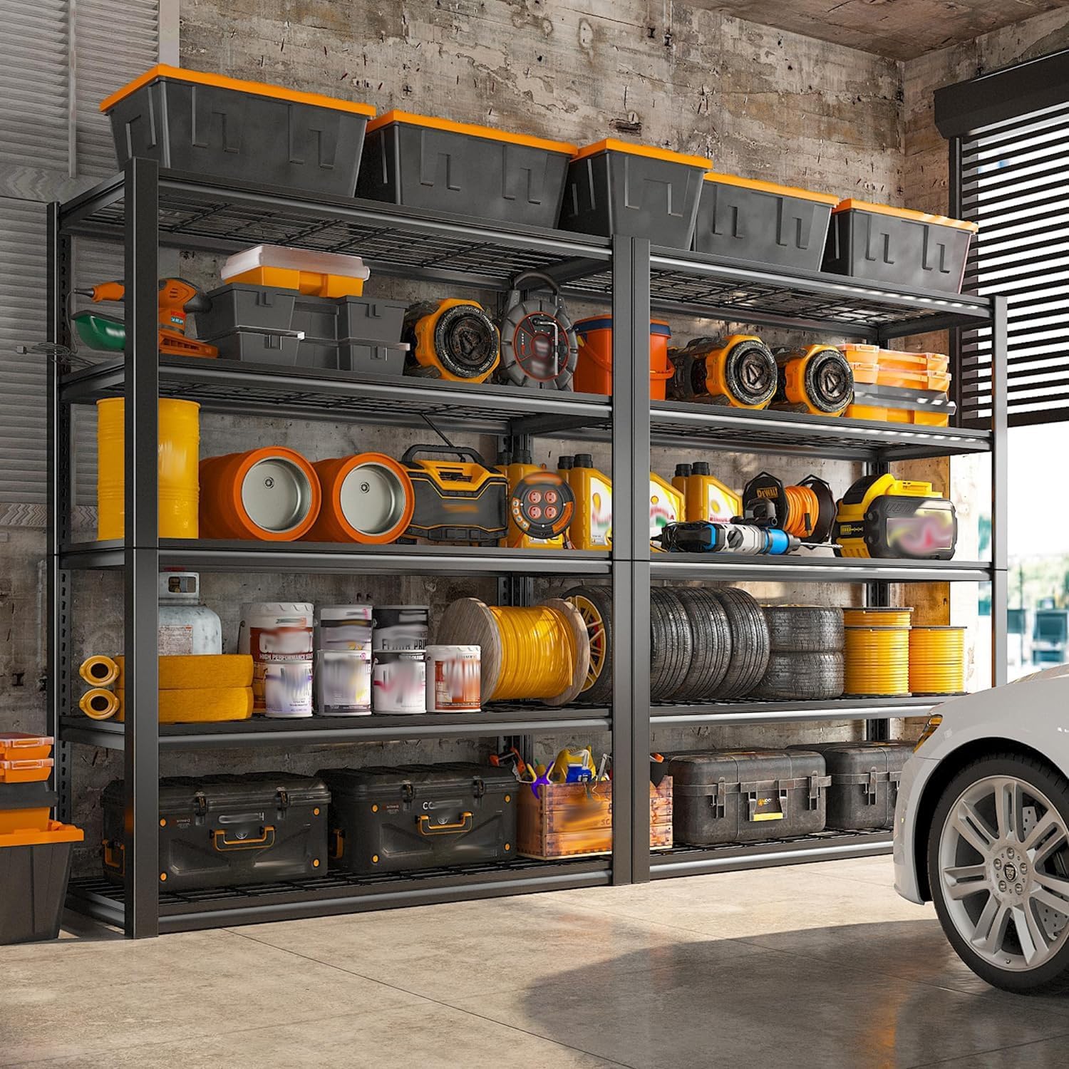 REIBII 48" W Garage Shelving Heavy Duty Load 2500LBS, 5 Tier Storage Shelves, Adjustable Metal Shelves for Warehouse, Pantry, Basement, 48" W X 72" H X18 D, 2PC