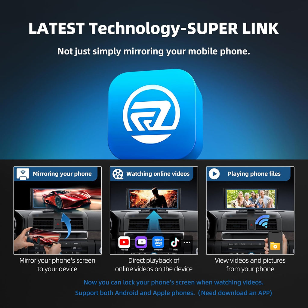 Portable Carplay Screen for Car, 10.26" Wireless Apple Carplay & Android Auto with 4K Dash Cam,1080p Backup Camera,Car Audio Receivers, GPS Navigation, SuperLink, Bluetooth,FM, Music Player