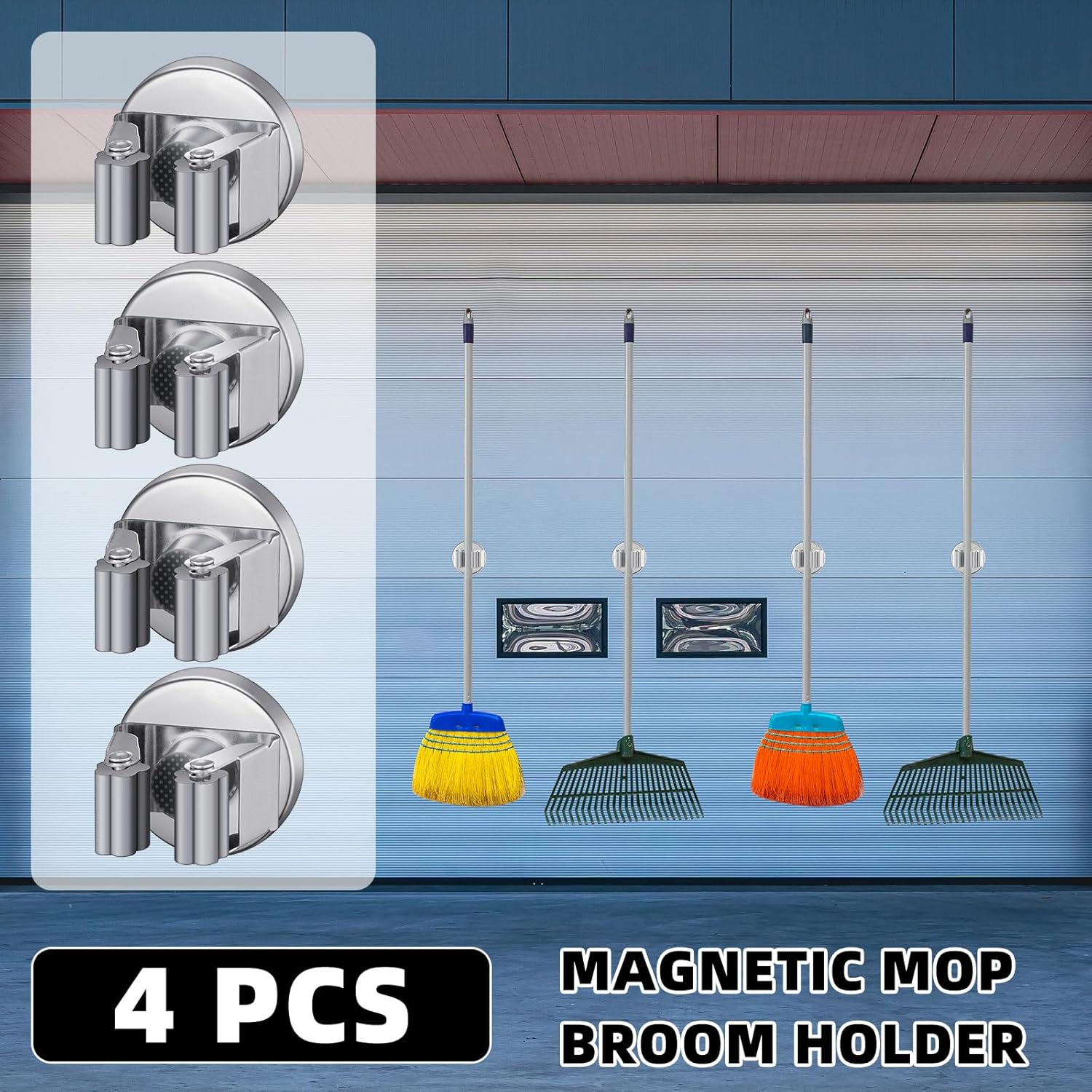 4 Pcs Magnetic Mop Broom Holder Movable Magnetic Broom Holder Rack, Anti Slip Wall Mounted Utility for Cleaning Tools, Garage, Kitchen, Laundry, Garden (Silver)