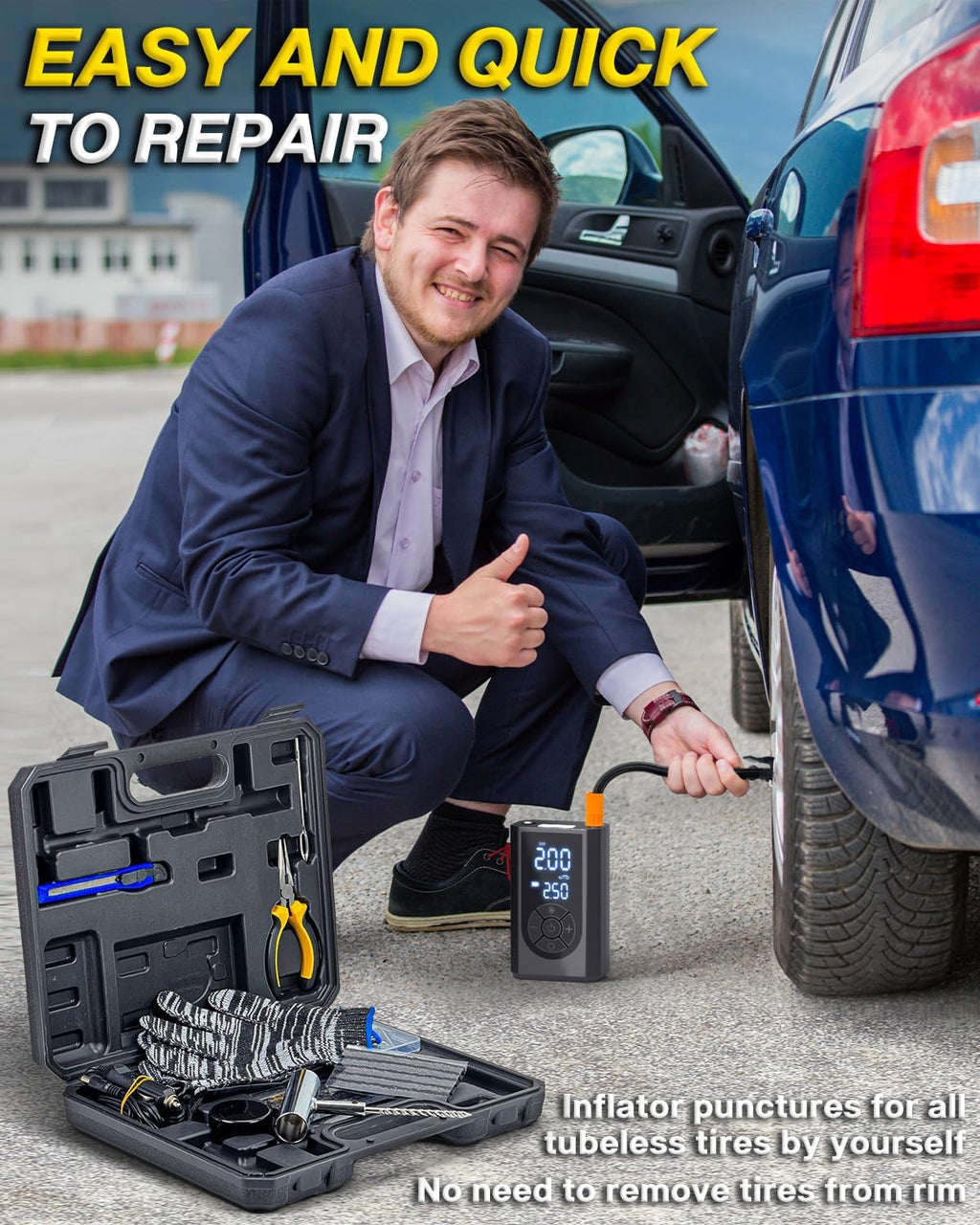 Tire Repair Kit with Portable Air Compressor, Tire Plug Kit 58PCS with Cordless Tire Inflator (150 PSI) for Car, Motorcycle, Tractor, Truck, Ball