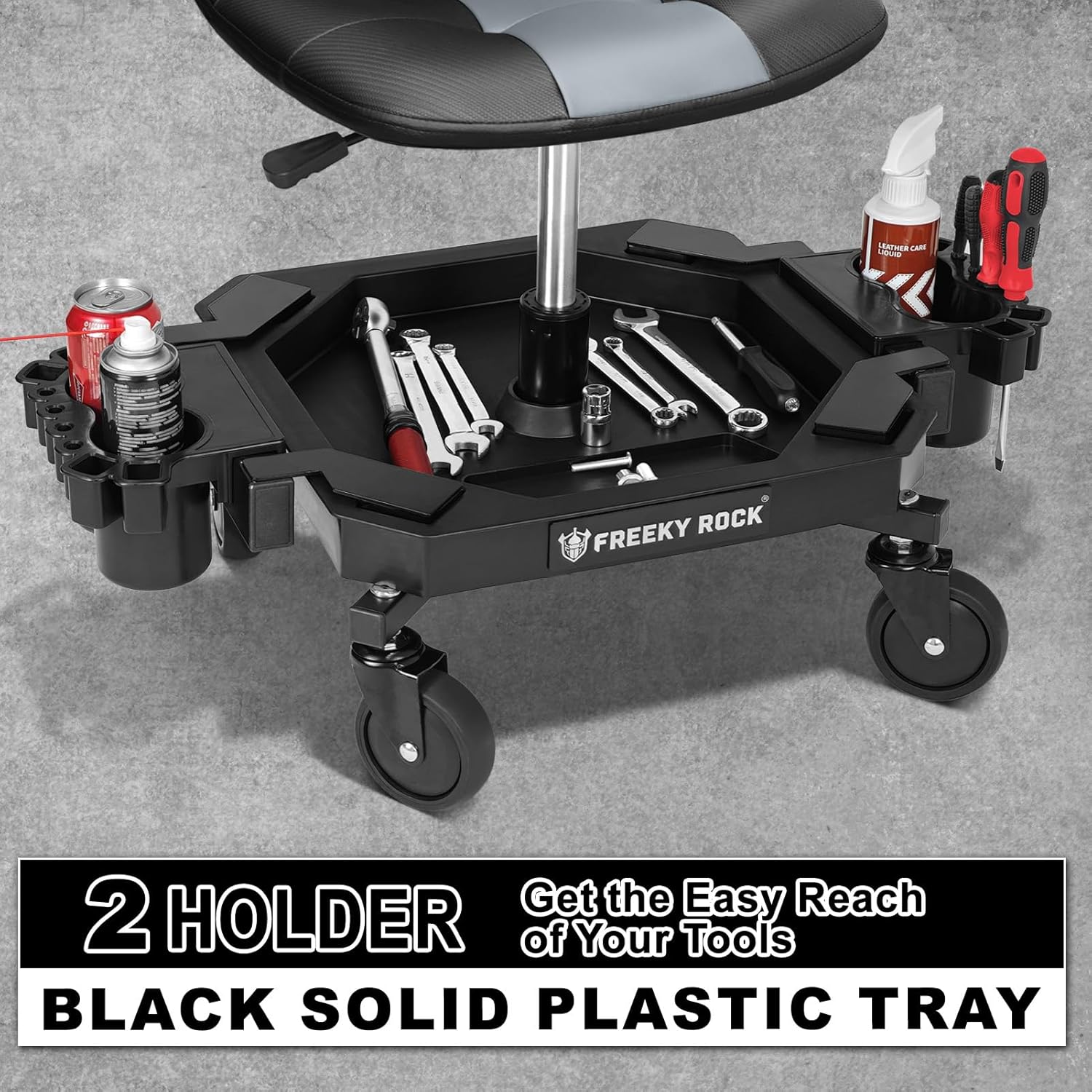 Rolling Stool with Wheels, Adjustable Height Pneumatic Garage Work Mechanic Stool Seat with Backrest, 400 LBS Capacity 360° Swivel Mechanic Crepper Chair with Tool Tray Storage, Gray