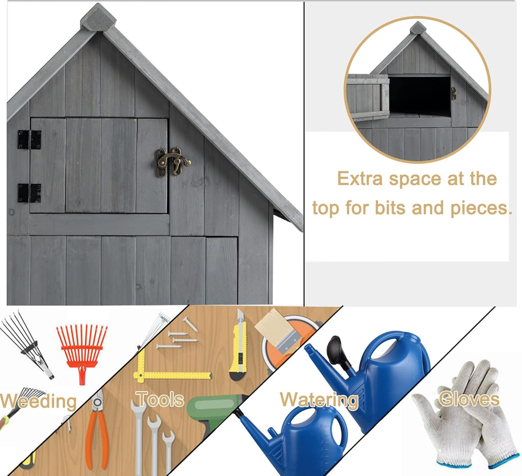 30.3" L X 21.3" W X 70.5" H Outdoor Storage Shed with Waterproof Roof, Solid Fir Wood Frame, and 3 Compartments for Garden Tools, Mower, and Hose,Grey