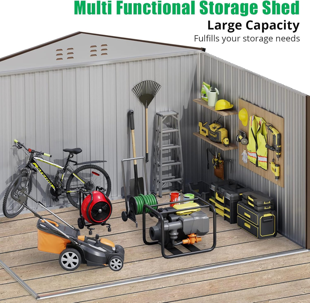 10x10 Ft Brown Metal Outdoor Storage Shed, Large Garden Shed with Sloped Roof & Lockable Door, Backyard Garden Patio Lawn Outdoor Shed for Organising Tools and Equipment in Yard, Garden