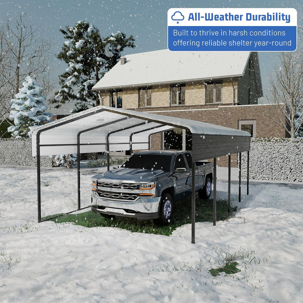 Metal Carport 10 * 15 FT Heavy Duty Carport Canopy with Galvanized Steel Roof Multi-Use Shelter Outdoor Portable Garage for Car, Boat, Pickup and Tractor