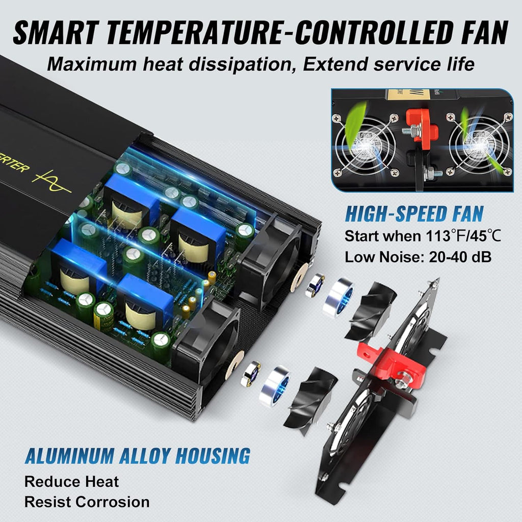 VEVOR 2500W Pure Sine Wave Inverter, 12V DC to 120V AC Car Inverter, 3 AC Outlets, USB Port, LCD Display, Remote Controller, Black, for RV Truck Car Solar System Travel Camping