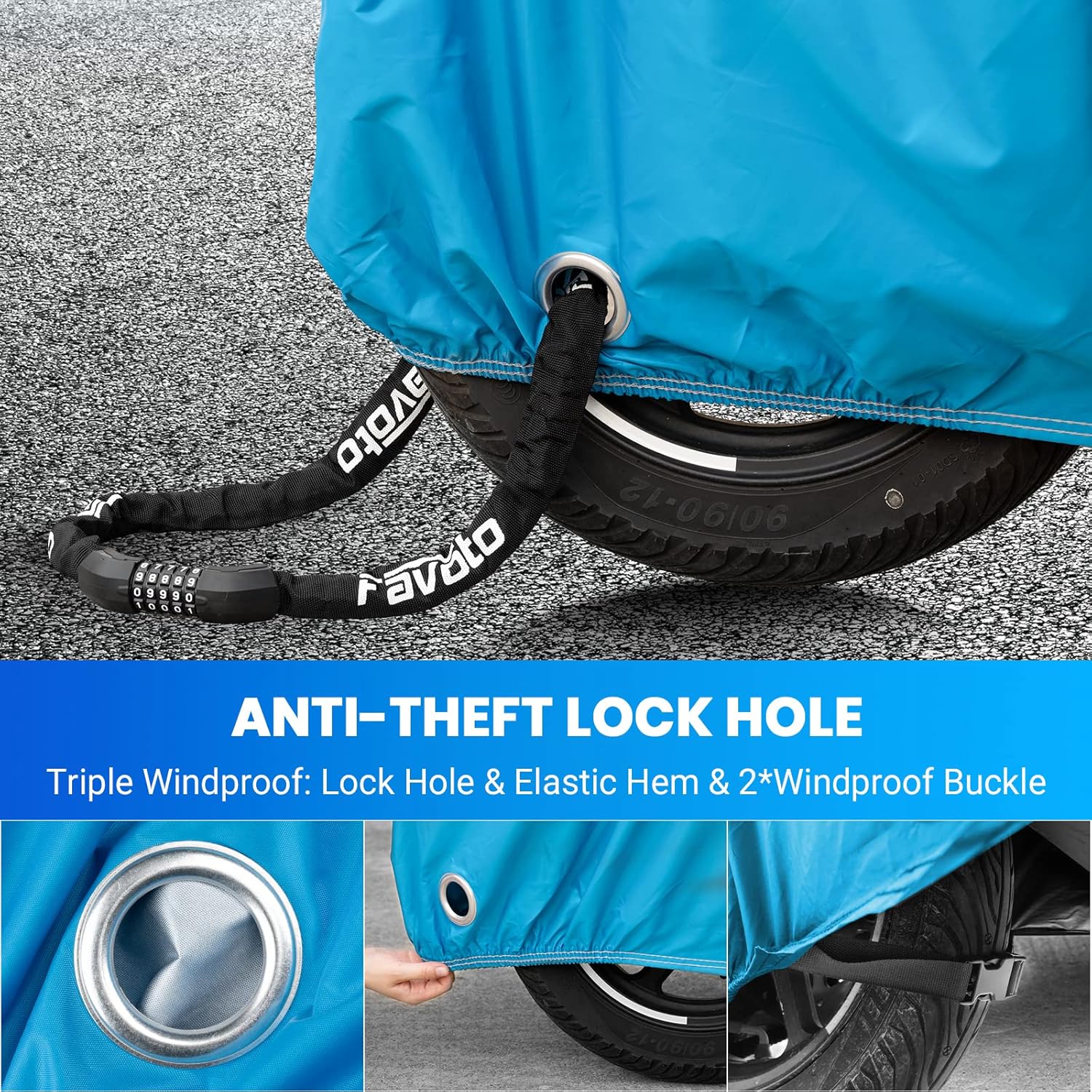 Favoto Motorcycle Cover 104 inches Length All Season Universal Weather Waterproof Rain Sun Outdoor Protection Night Reflector with Lock-Holes & Storage Bag Motorbike Vehicle Cover, Blue