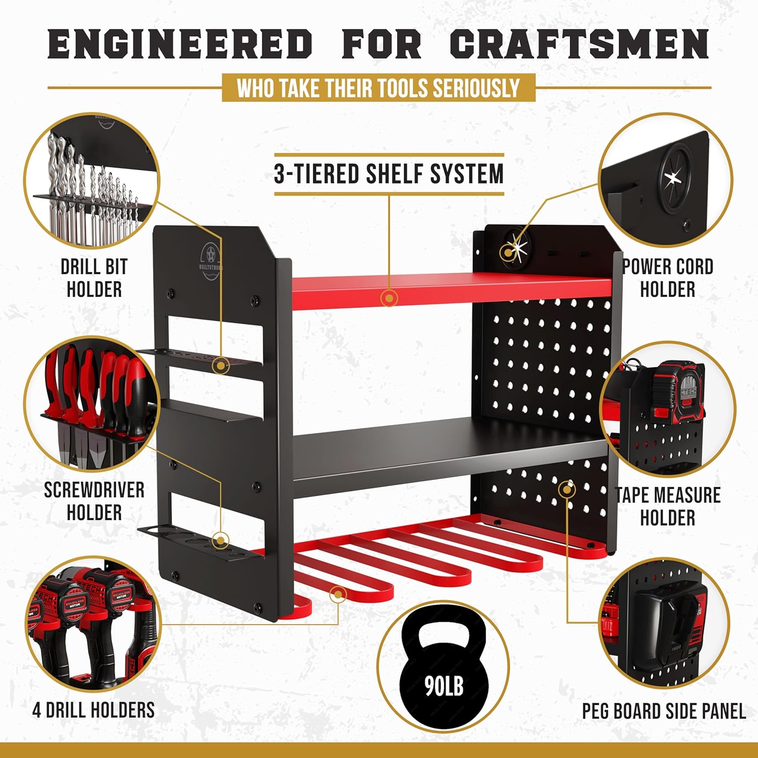 Power Tool Organizer Wall Mount - 3-Tier Heavy-Duty Metal Hand Tool Storage Rack, Utility Racks, Drill Holder, PegBoard Side, & More - Garage Storage Cordless Tool Organizer (Red)