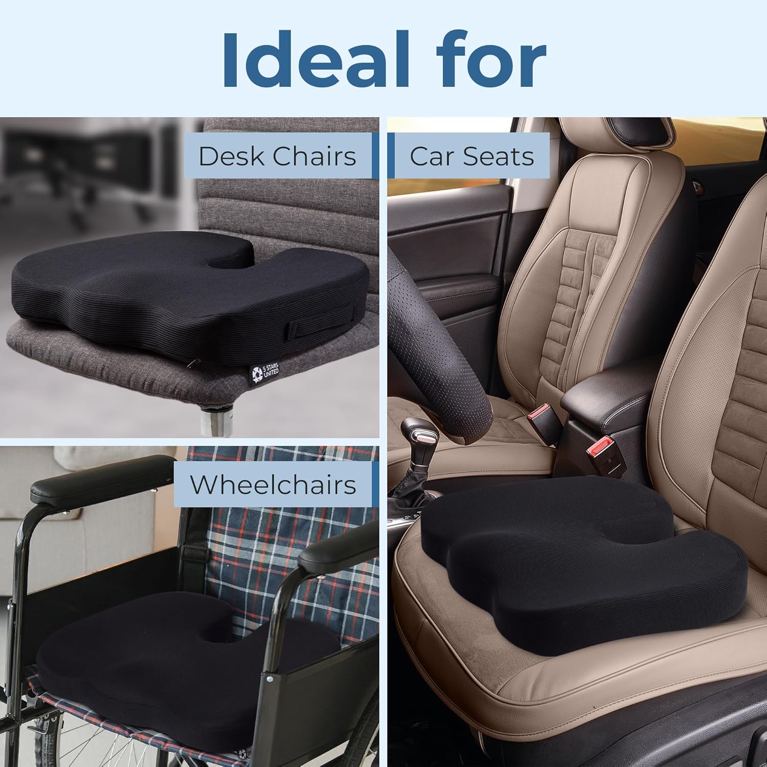 5 STARS UNITED Seat Cushion for Tailbone Pain Relief – Large Memory Foam Lifting Pillow for Coccyx, Hip, Sciatica & Post-Surgery Recovery – Wheelchair, Car, Desk, Gaming & Office Chairs, Black