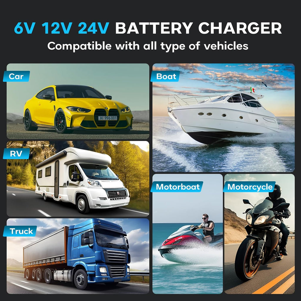 35 Amp Battery Charger, 6V/12V/24V Smart trickle Charger,car Battery Charger,Lithium, Lifepo4, Lead Acid (AGM/Gel/SLA...) Battery maintainer, desulfurizer, for:car, Boat, Motorcycle,Lawn mowers..