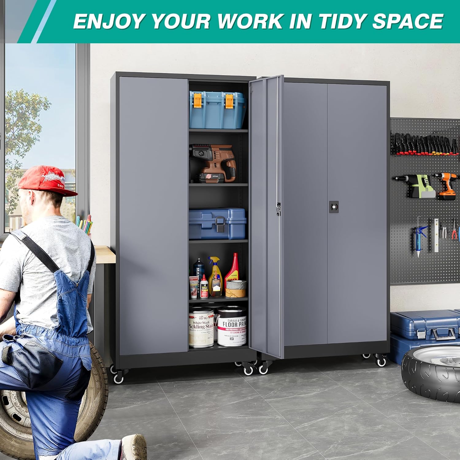 75" Tall Metal Storage Cabinet with Wheels,Rolling Garage Storage Cabinet with Lock,Gray Metal Cabinets with Wheels and Shelves,Tall Tool Cabinets on Wheel for Garage,Home,Office,Shop