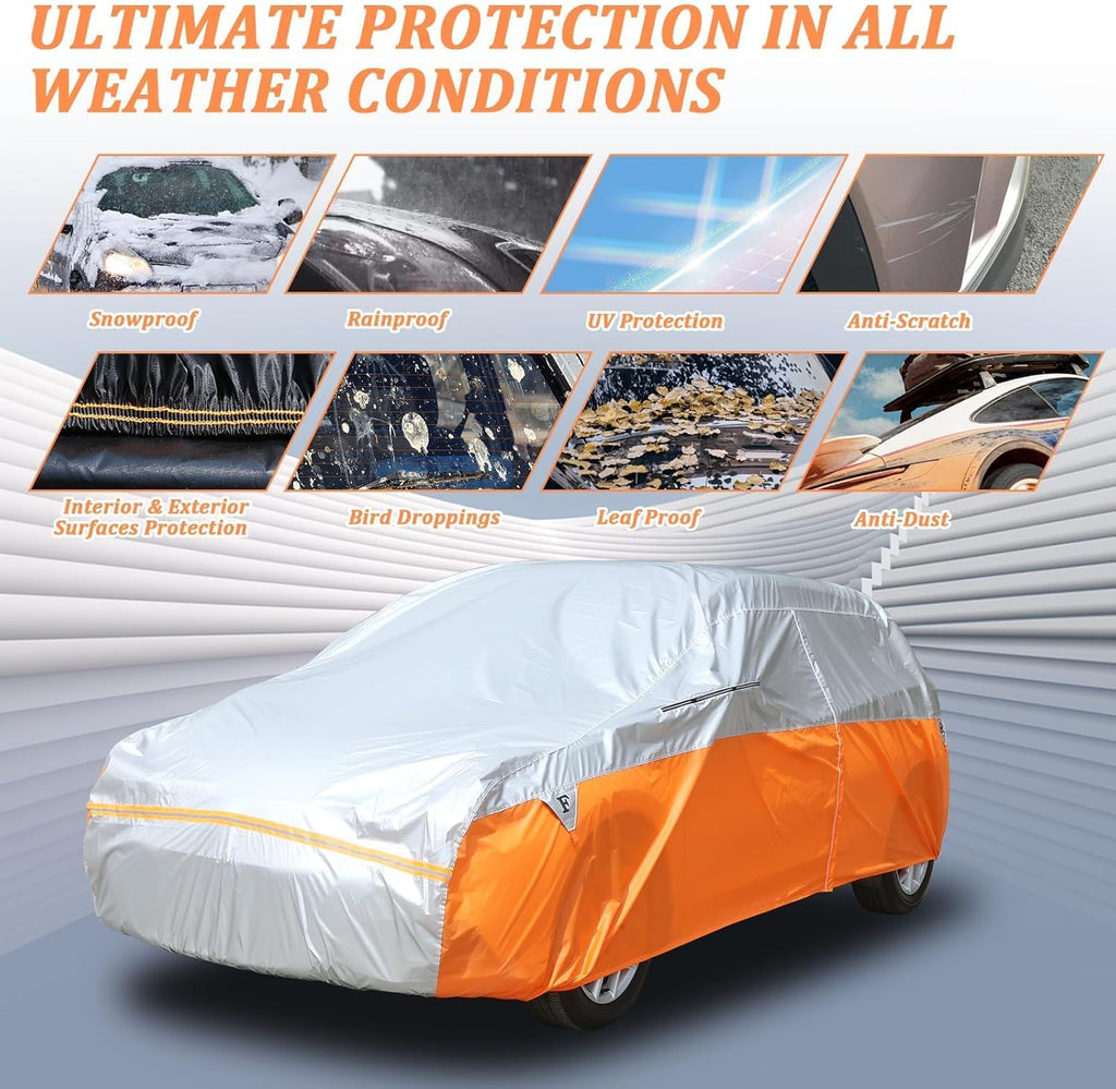 Tecoom Car Cover for Automobiles, Weatherproof Full Exterior Covers, Universal Car Tarp Covers w/Detachable Gust Straps for Toyota Corolla Ford Focus Chevrolet Sonic, Fit 160"-172" Hatchback