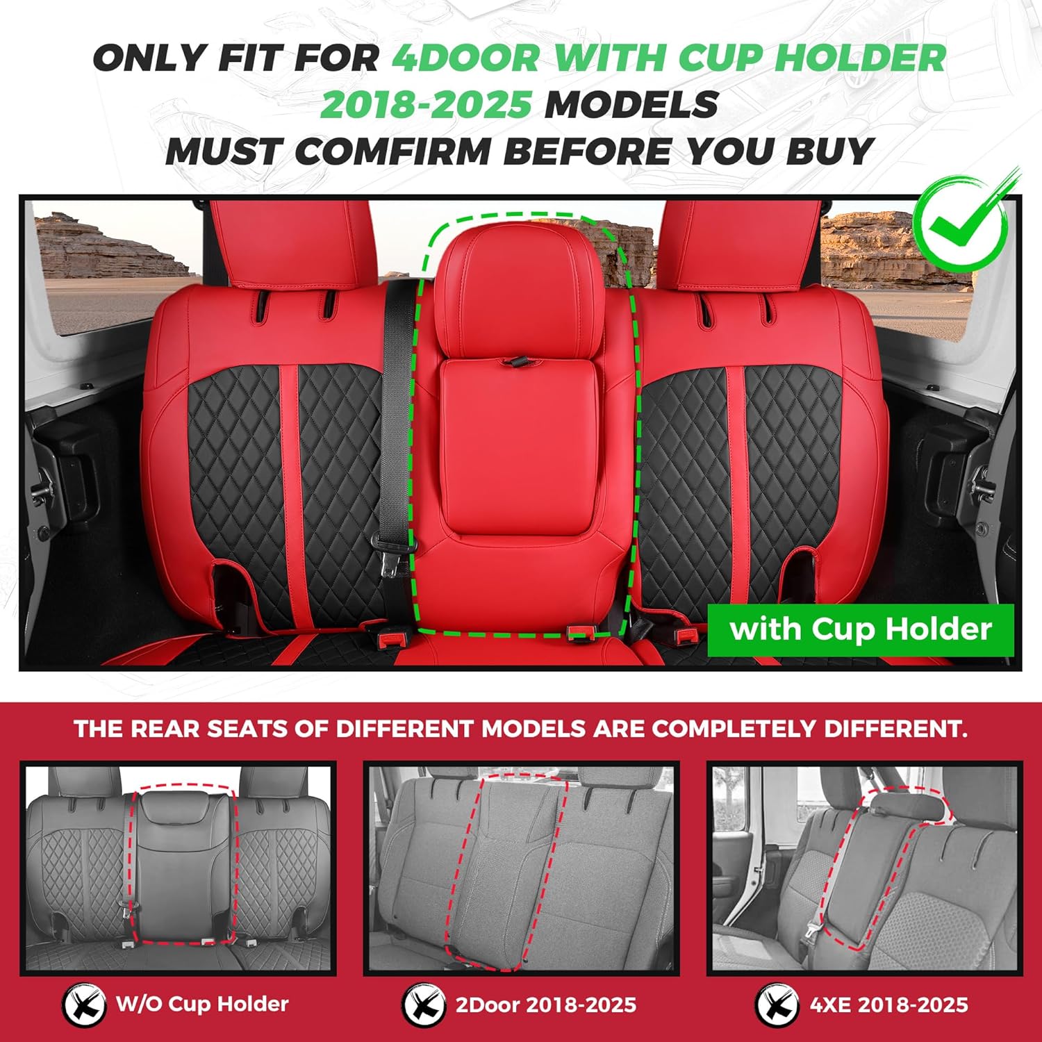 for Jeep Wrangler Seat Covers 4Door JL 2018 2019 2020 2021 2022 2023 2024 2025, Custom Fit Car Seat Cover Full Set, Luxury Waterproof Leather Seat Protectors, Red Black, with Rear Cup Holder