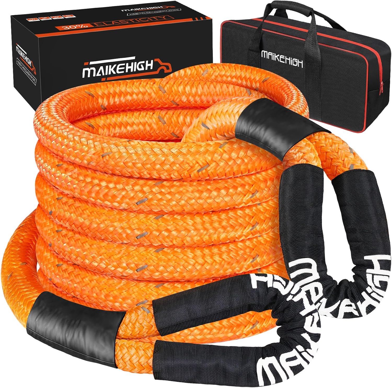 MAIKEHIGH 1-1/8" x 30ft Kinetic Recovery Rope, 56,000LBS Heavy Duty Offroad Recovery Strap (Reflective), 30+% Elasticity Vehicle Tow Rope for Trucks 4WD Pickup Tractor Car SUV ATV UTV