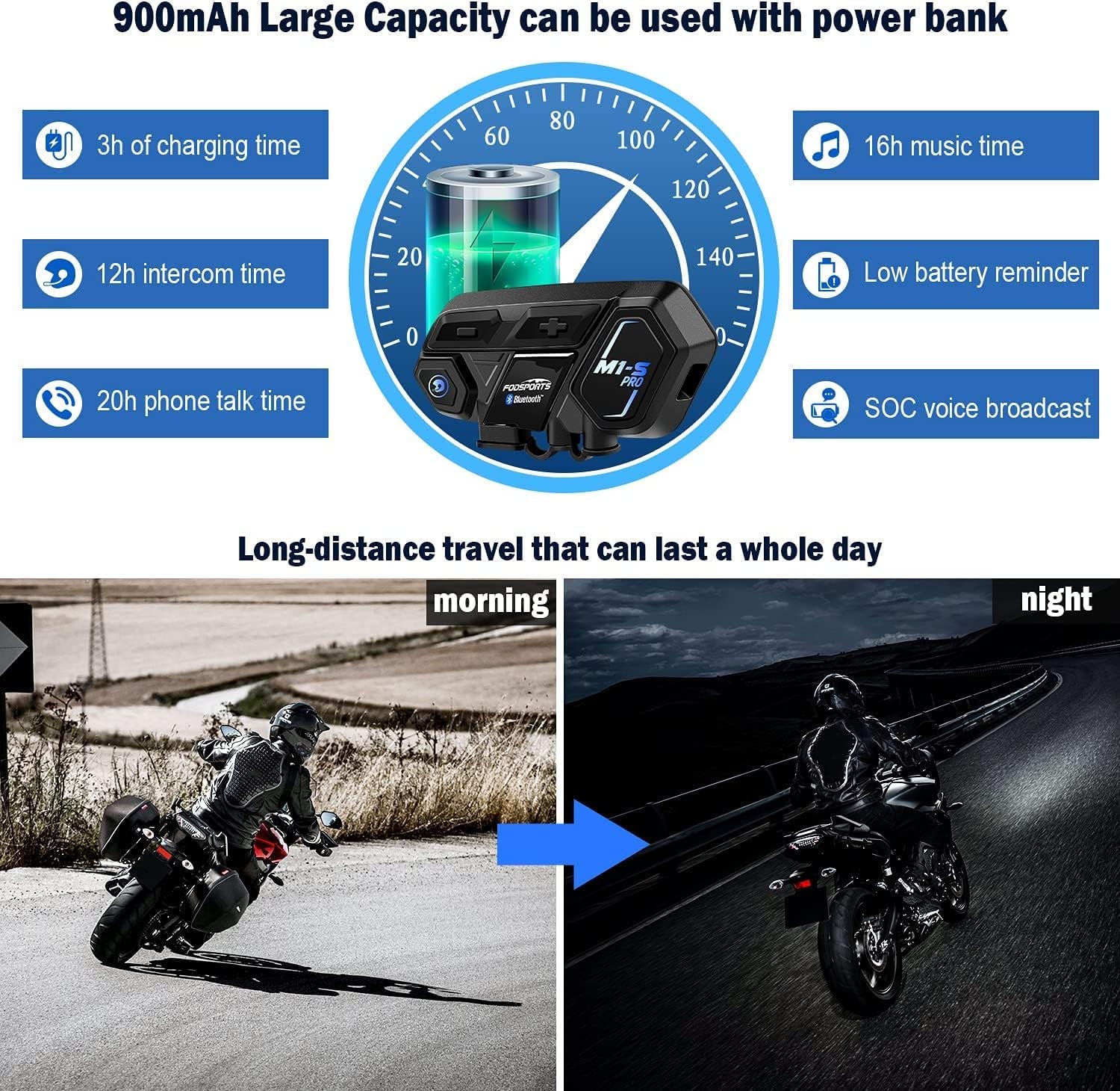 Fodsports Motorcycle Bluetooth Intercom with Music Sharing, M1S Pro 2000m 8 Riders Group Helmet Communication System Headset Universal Interphone (Waterproof/Handsfree/Stereo Music/GPS/2 Pack)